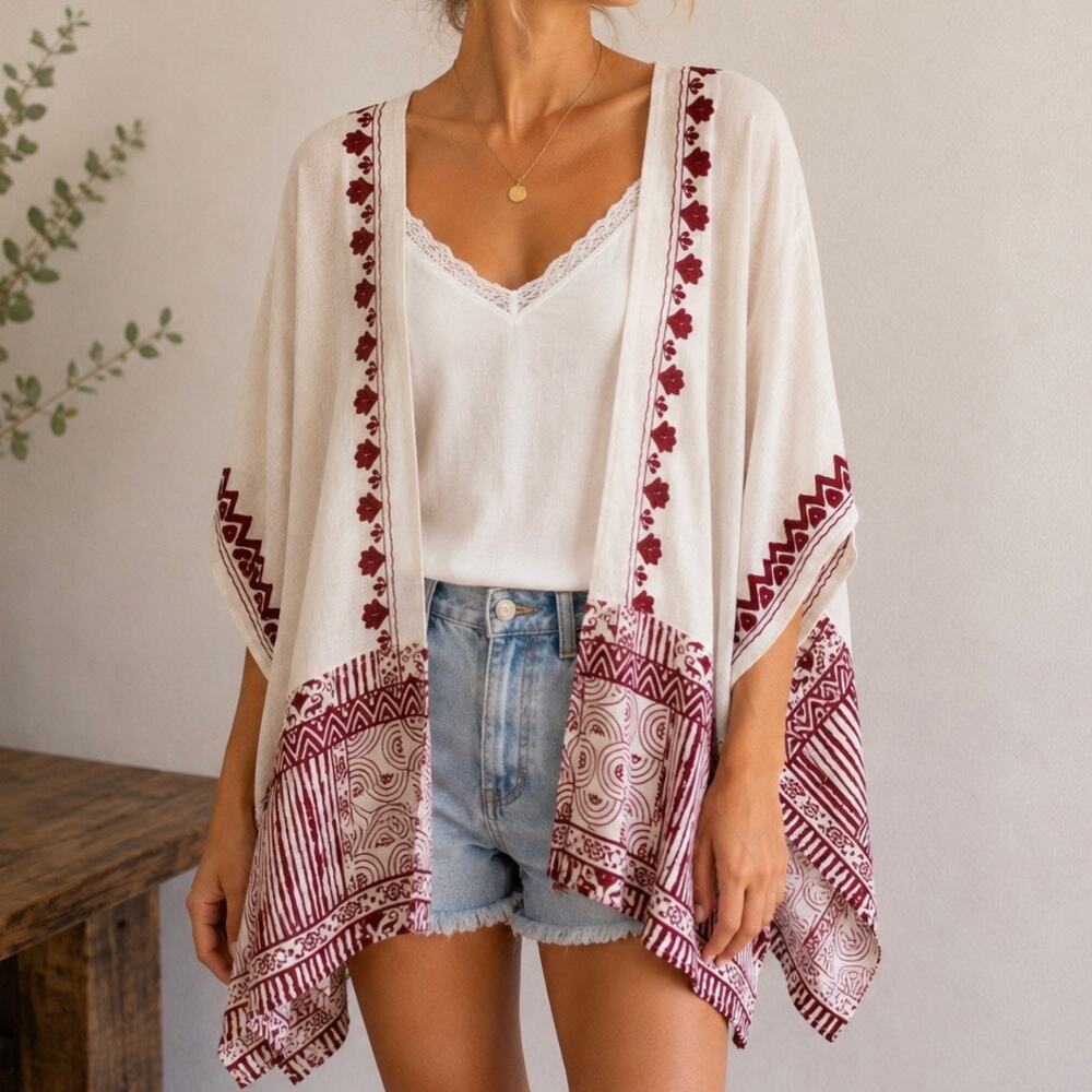 CHICO’S | White Red Embroidered Boho Print Open Front Vest Kimono | Small Medium